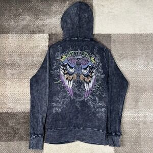 Forever 21 Women's Gray Zip Up Hoodie Size S Y2K Ed Hardy Style Winged Roses